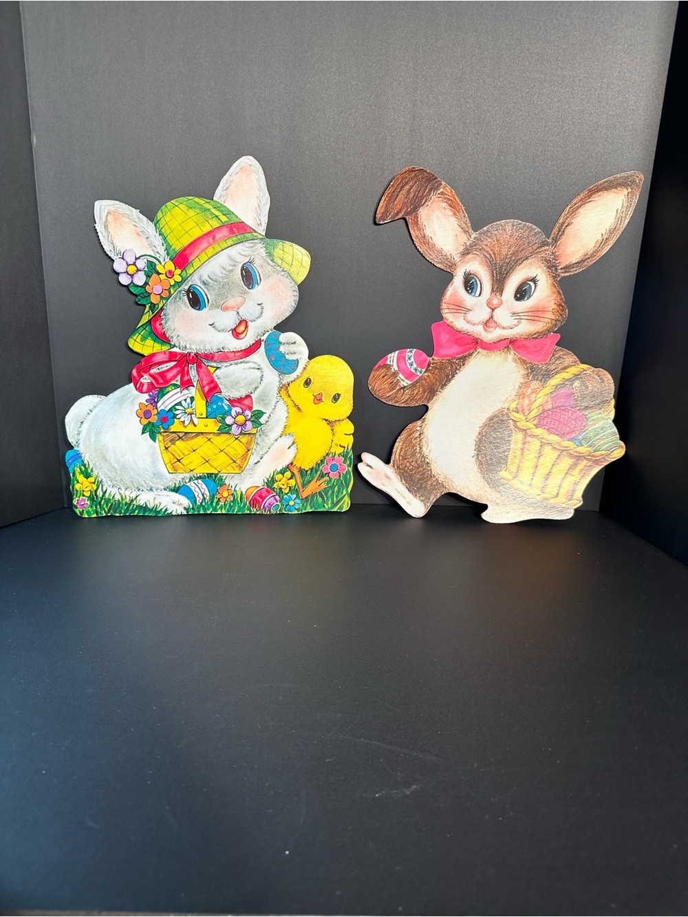 2 Vintage Paper Die Cut Easter Decorations 1980s Bunnies Chicks USA Hanging